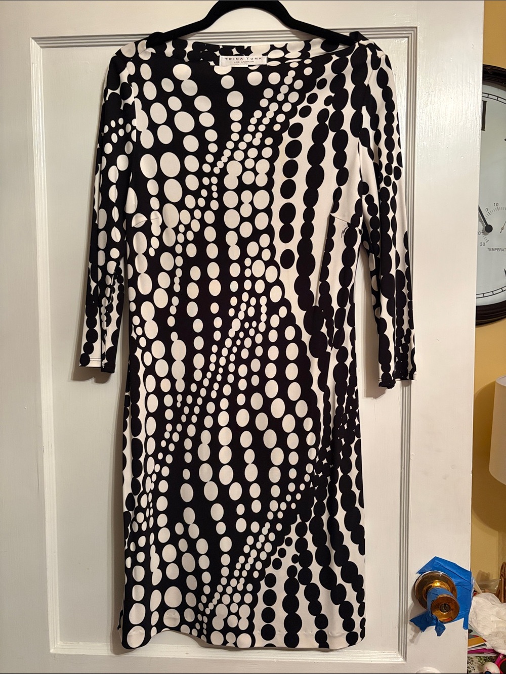 Trina Turk Black and White Dot-Print Long Sleeve Dress